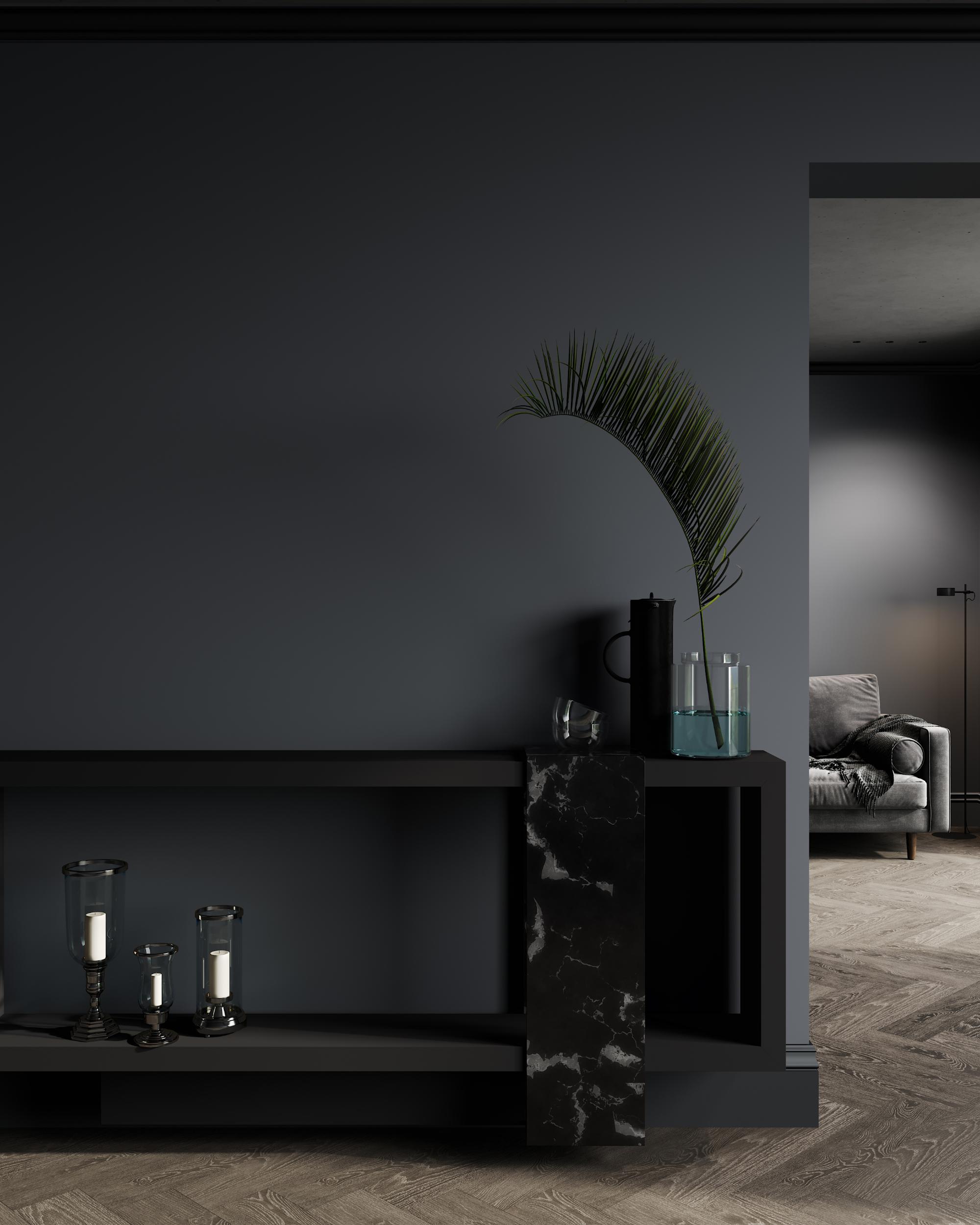 Intérieur moderne avec mur noir, console noire et décoration minimaliste